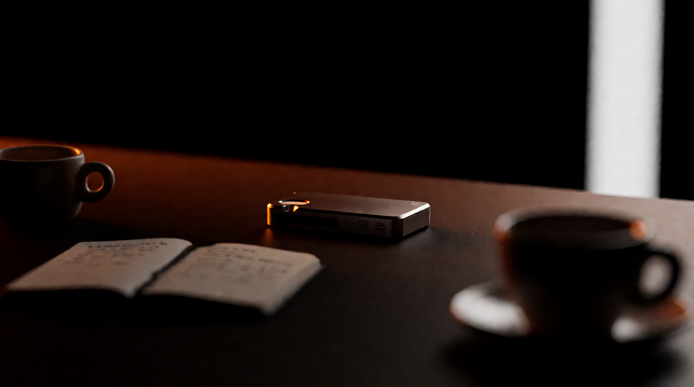 Cold wallet de hardware junto a una libreta sobre una mesa oscura