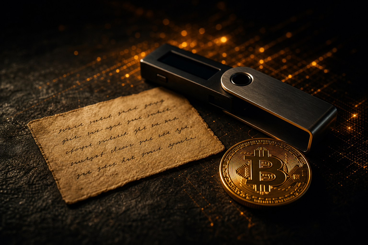 Papel con frase semilla de Bitcoin escrita a mano junto a un dispositivo hardware wallet